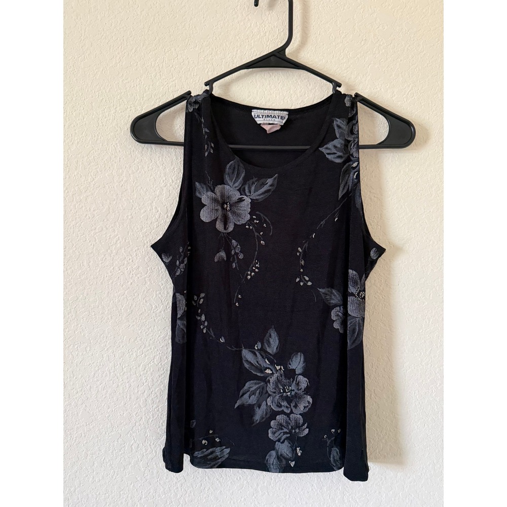 Ultimate Blues Vintage Black Grey Floral Sleeveless Tank Top Womens Large Y2K